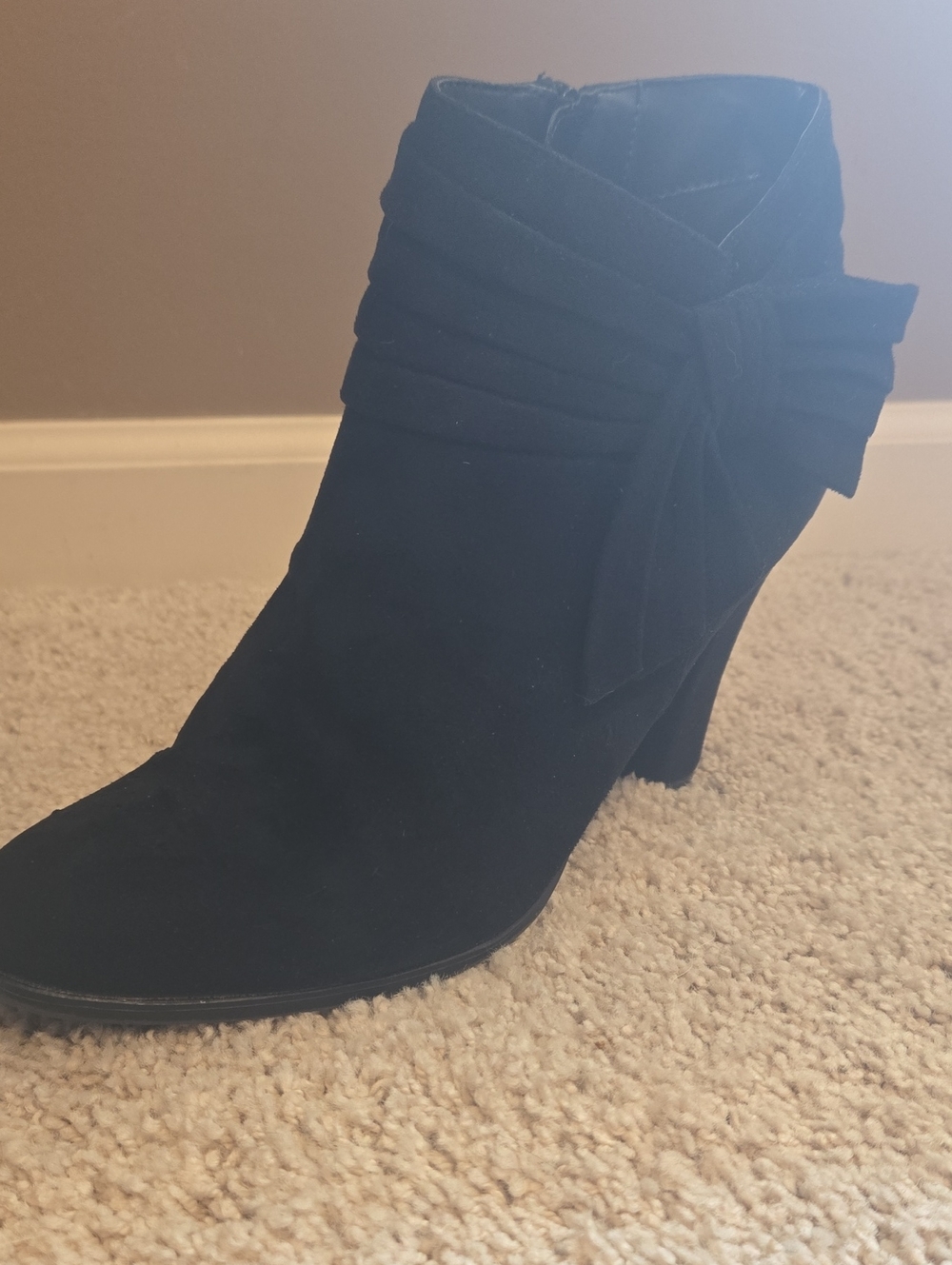 Impo Black Suede Bow Accent Ankle Bootie with Block Heel
